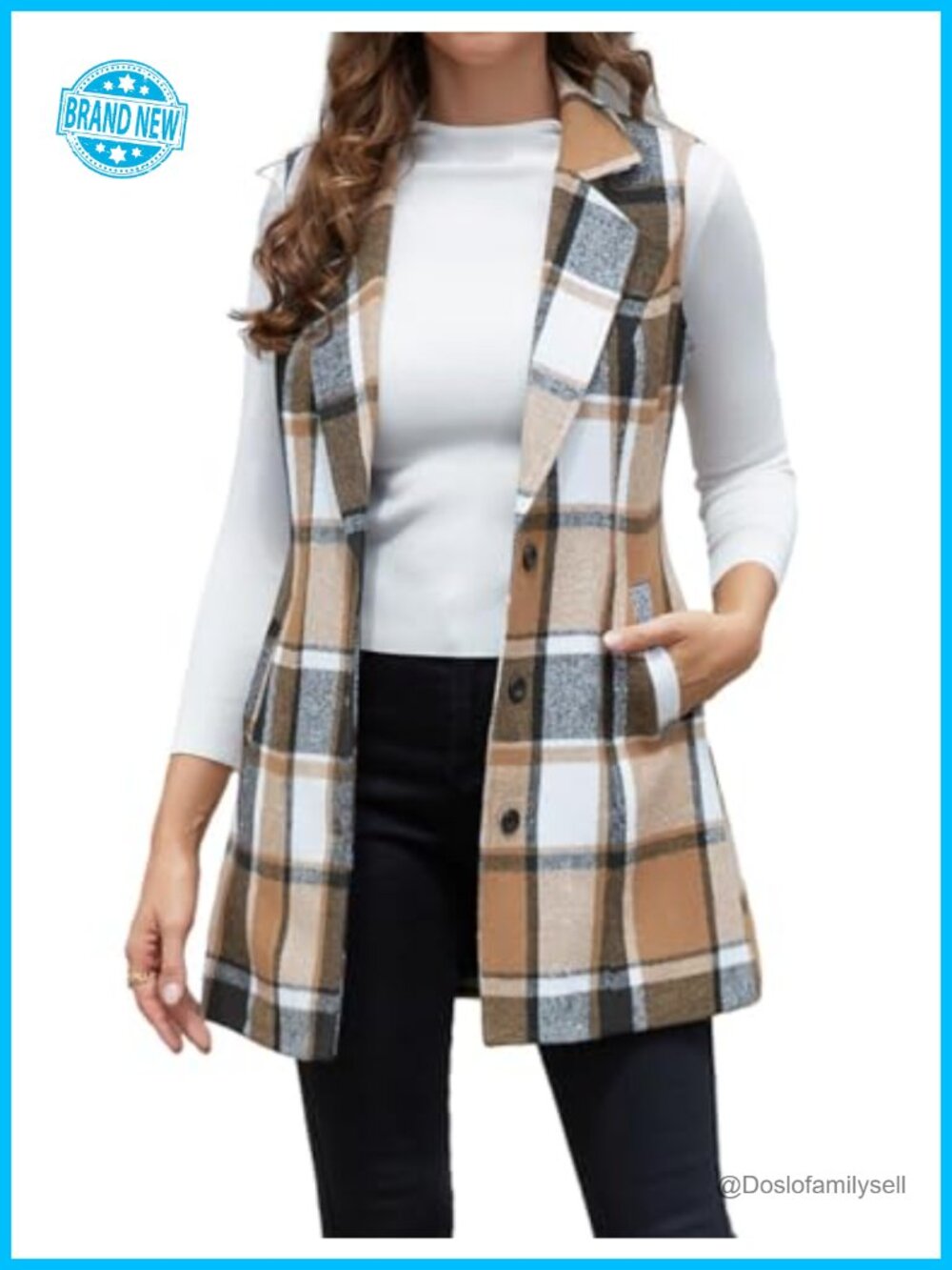 Wool Plaid Vest Sleeveless Long Blazer Jacket Notch Lapel